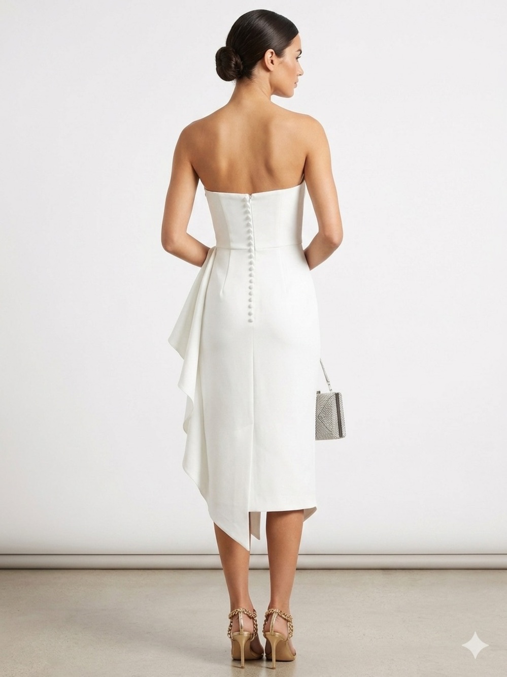 Elliatt Strapless White Asymmetric Midi Dress with Button-Back